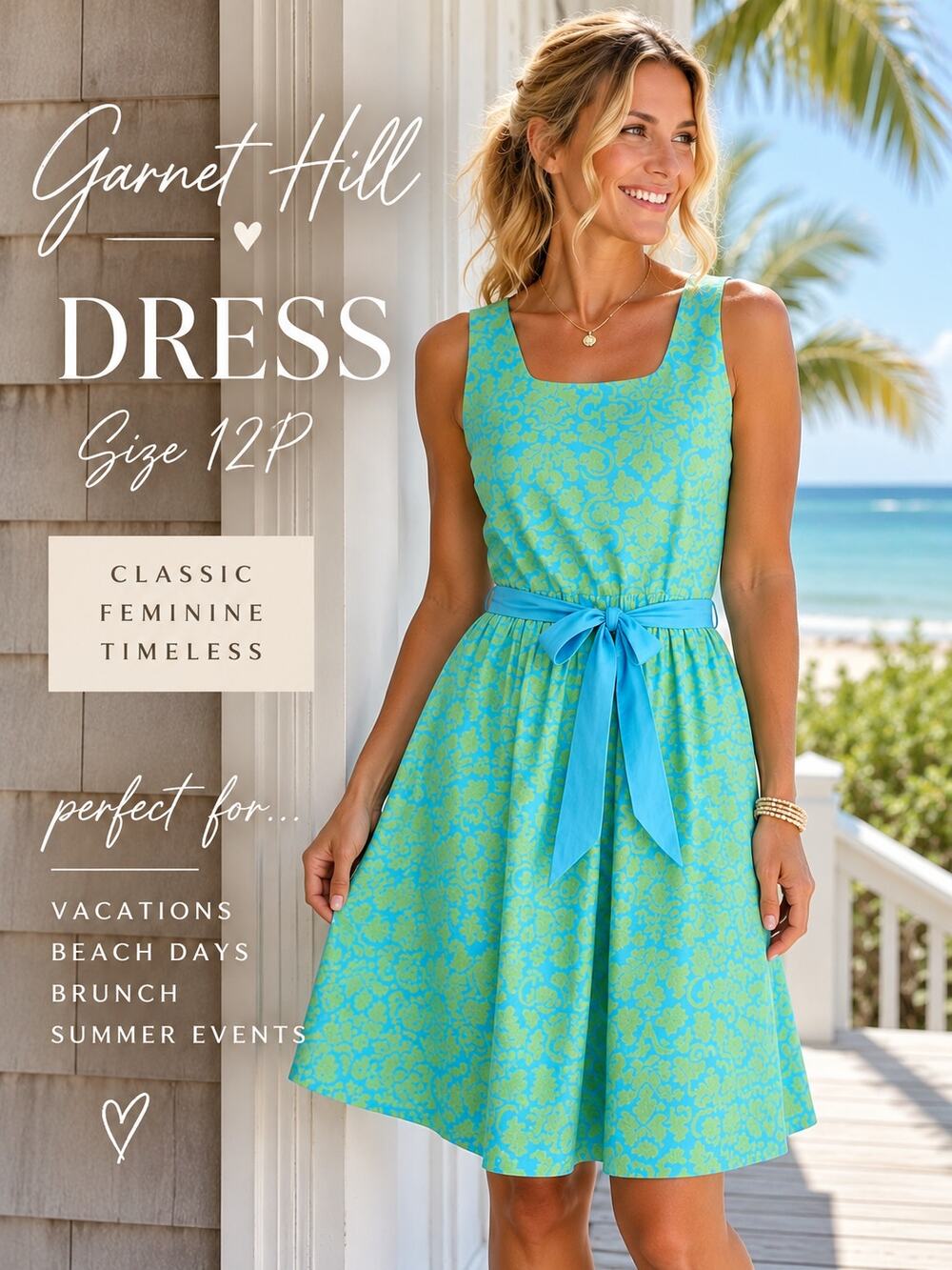 Garnet Hill Dress 12P Blue Green Damask Print Fit & Flare Cotton Sundress Resort